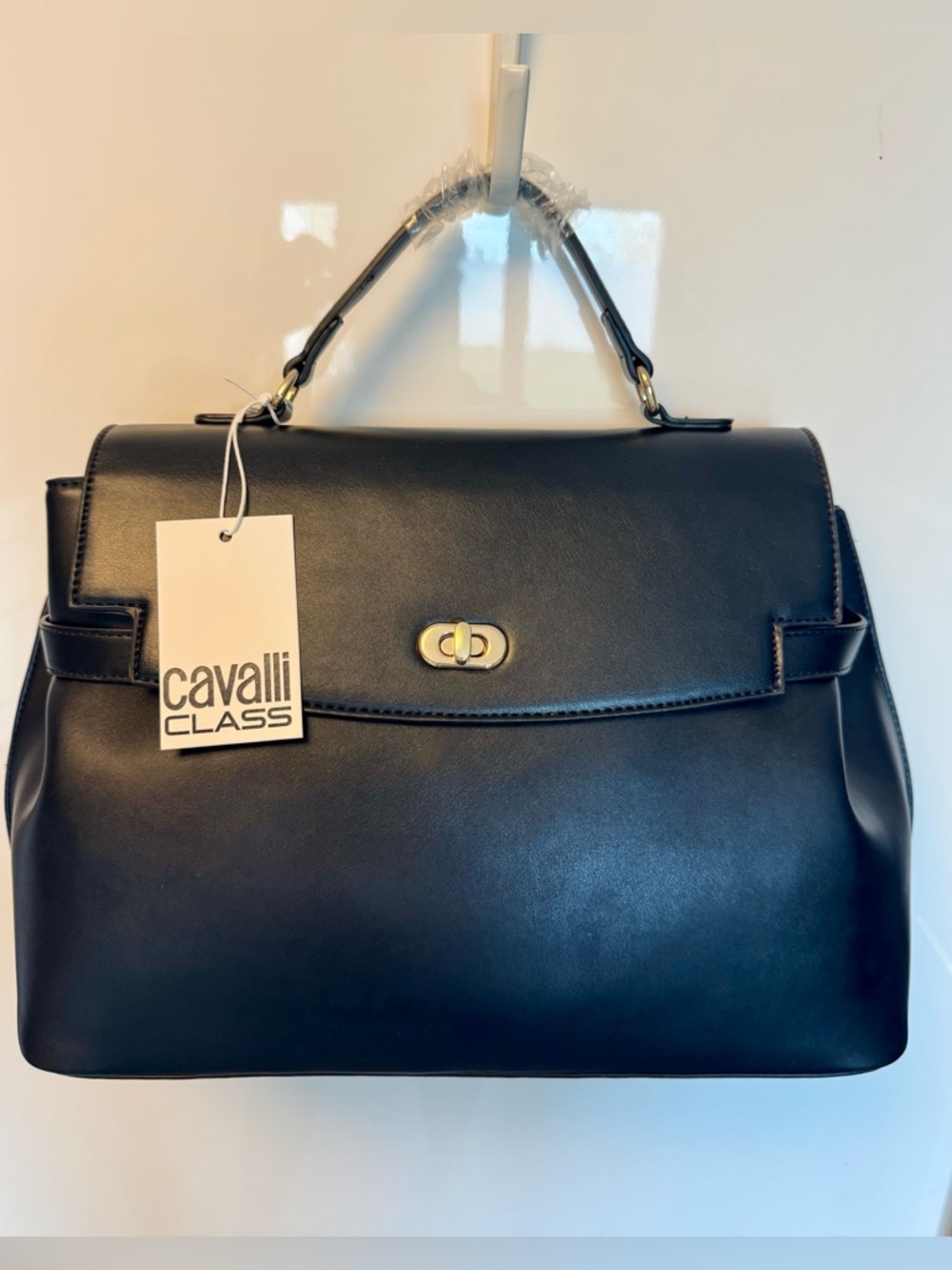 Cavalli Class Black Color Top-Handle Satchel with Gold-Tone Hardware